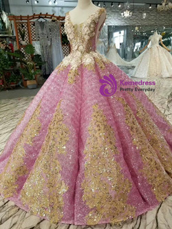 Shop 2019 Long & Short Pink Ball Gown Sequins Deep V-neck Backless Appliques Wedding Dress With Factory Price From Kemedress
