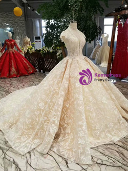 Shop 2019 Long & Short Champagne Ball Gown High Neck Backless Cap Sleeve Beaidng Wedding Dress With Factory Price From Kemedress