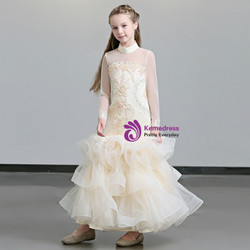 Shop 2019 Long & Short In Stock:Ship in 48 Hours Sheath Champagne Tulle High Neck Long Sleeve Girl Dress With Factory Price From Kemedress