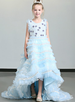 Shop 2019 Long & Short In Stock:Ship in 48 Blue Hi Lo Tulle Lace Appliques Flower Girl Dress With Factory Price From Kemedress