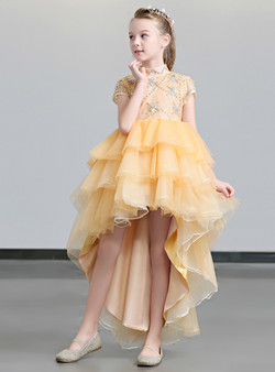 Shop 2019 Long & Short In Stock:Ship in 48 Hours High Neck Hi Lo Orange Tulle Flower Girl Dress With Crystal With Factory Price From Kemedress