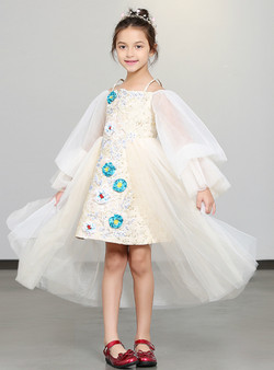 Shop 2019 Long & Short In Stock:Ship in 48 Hours White Tulle Spaghetti Straps Puff Sleeve Flower Girl Dress With Factory Price From Kemedress