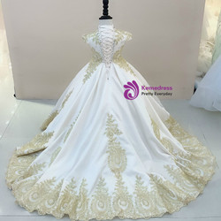Shop 2019 Long & Short Ball Gown Satin And Lace Appliques High Neck Cap Sleeve Flower Girl Dress With Factory Price From Kemedress