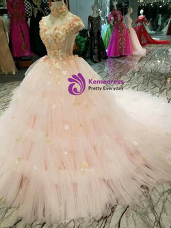 Shop 2019 Long & Short Pink Ball Gown Tulle High Neck Cap Sleeve Backless Appliques Wedding Dress With Factory Price From Kemedress