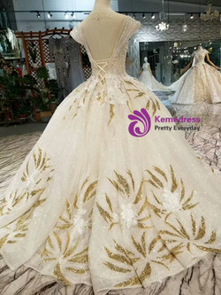 Shop 2019 Long & Short Champagne Ball Gown Tulle Sequins Cap Sleeve Backless Beaidng Wedding Dress With Factory Price From Kemedress