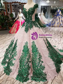 Shop 2019 Long & Short Pink Ball Gown Sequins Green Appliques Beading Cap Sleeve Wedding Dress With Factory Price From Kemedress