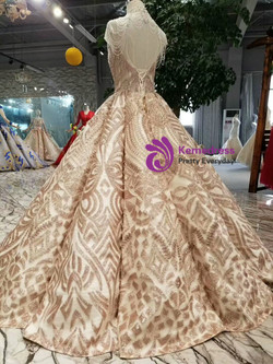 Shop 2019 Long & Short Gold Ball Gown Sequins High Neck Backless Beading Floor Length Wedding Dress With Factory Price From Kemedress