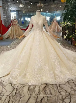 Shop 2019 Long & Short Champagne Ball Gown Tulle Sequins Long Sleeve Appliques Beading Wedding Dress With Factory Price From Kemedress