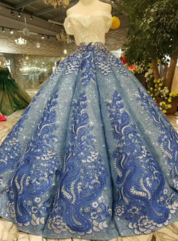 Shop 2019 Long & Short Blue Ball Gown Sequins Off The Shoulder Appliques Wedding Dress With Beading  With Factory Price From Kemedress