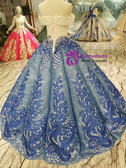 Shop 2019 Long & Short Blue Ball Gown Sequins Off The Shoulder Appliques Wedding Dress With Beading  With Factory Price From Kemedress