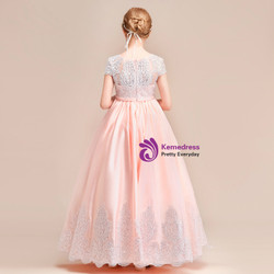 Shop 2019 Long & Short A-Line Pink Satin Lace Scoop Cap Sleeve Flower Girl Dress With Factory Price From Kemedress