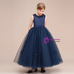Shop 2019 Long & Short A-Line Navy Blue Tulle Scoop Sleeveless Appliques Flower Girl Dress With Factory Price From Kemedress