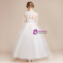 Shop 2019 Long & Short A-Line White Tulle Lace Appliques Scoop Long Sleeve Flower Girl Dress With Factory Price From Kemedress