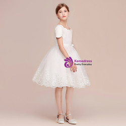 Shop 2019 Long & Short A-Line White Tulle Satin Lace Short Sleeve Knee Length Flower Girl Dress With Factory Price From Kemedress