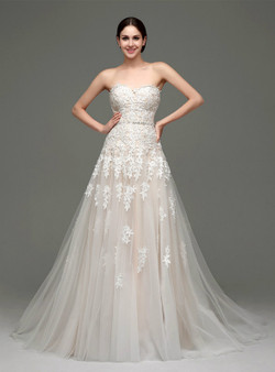 Shop 2019 Long & Short A-Line Champagne Tulle Lace Appliqeus Sweetheart Wedding Dress With Factory Price From Kemedress