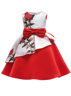 Shop 2019 Long & Short In Stock:Ship in 48 Hours  Red Satin Print Flower Girl Dress With Bow With Factory Price From Kemedress