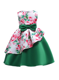 Shop 2019 Long & Short In Stock:Ship in 48 Hours Green Satin Print Flower Dress With Bow With Factory Price From Kemedress