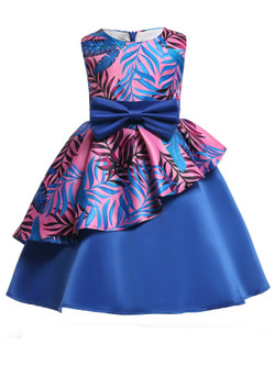 Shop 2019 Long & Short In Stock:Ship in 48 Hours Blue Satin Print Flower Dress With Bow With Factory Price From Kemedress