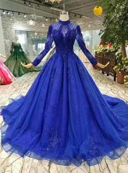 Shop 2019 Long & Short Royal Blue Tulle High Neck Long Sleeve Backless Wedding Dress With Beading With Factory Price From Kemedress