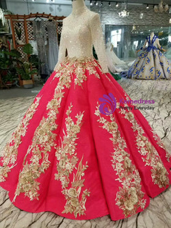 Shop 2019 Long & Short Red Ball Gown Satin Long Sleeve Appliques Beading Sequins Wedding Dress With Factory Price From Kemedress