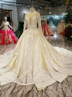 Shop 2019 Long & Short Champagne Ball Gown Lace Satin Long Sleeve Wedding Dress With Beading With Factory Price From Kemedress