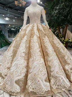 Shop 2019 Long & Short Champagne Gold Sequins V-neck Long Sleeve Appliques Wedding Dress With Factory Price From Kemedress