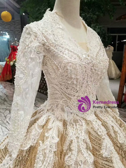 Shop 2019 Long & Short Champagne Gold Sequins V-neck Long Sleeve Appliques Wedding Dress With Factory Price From Kemedress