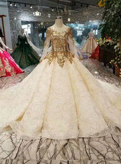 Shop 2019 Long & Short Champagne Ball Gown Tulle Sequins Long Sleeve Wedding Dress With Train  With Factory Price From Kemedress