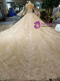 Shop 2019 Long & Short Champagne Ball Gown Tulle Lace Long Sleeve Beading Wedding Dress With Long Train With Factory Price From Kemedress