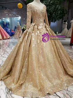 Shop 2019 Long & Short Gold Ball Gown Sequins Appliques Bateau Long Sleeve Wedding Dress With Factory Price From Kemedress
