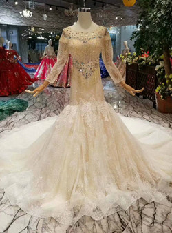 Shop 2019 Long & Short Champagne Mermaid Tulle Sequins Long Sleeve Wedding Dress With Beading With Factory Price From Kemedress