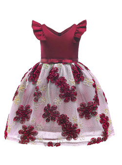 Shop 2019 Long & Short In Stock:Ship in 48 Hours Burgundy Satin V-neck Short Flower Girl Dress With Bow With Factory Price From Kemedress