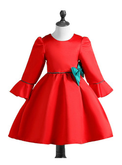 Shop 2019 Long & Short In Stock:Ship in 48 Hours Red Satin Long Sleeve Flower Girl Dress With Bow With Factory Price From Kemedress