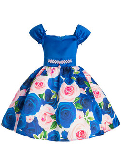 Shop 2019 Long & Short In Stock:Ship in 48 Hours Blue Satin Print Flower Girl Dress With Pearls With Factory Price From Kemedress