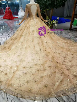Shop 2019 Long & Short Champagne Tulle Sequins Square Long Sleeve Beading Wedding Dress With Long Train With Factory Price From Kemedress