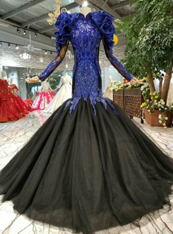 Shop 2019 Long & Short Mermaid Black Tulle And Blue Beading Appliques Long Sleeve With Removable Shoulder Ornament With Factory Price From Kemedress