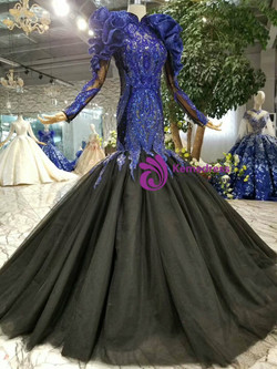 Shop 2019 Long & Short Mermaid Black Tulle And Blue Beading Appliques Long Sleeve With Removable Shoulder Ornament With Factory Price From Kemedress