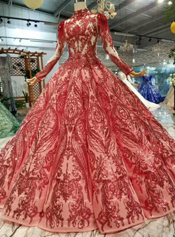 Shop 2019 Long & Short Red Ball Gown Sequins High Neck Long Sleeve Beading Wedding Dress With Removable Shoulder Ornament With Factory Price From Kemedress