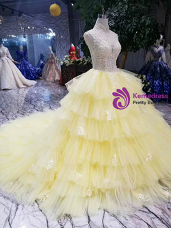 Shop 2019 Long & Short Yellow Ball Gown Tulle High Neck Backless Beaidng Wedding Dress With Train With Factory Price From Kemedress