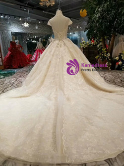 Shop 2019 Long & Short Champagne Ball Gown Tulle Lace Appliques High Neck Cap Sleeve Backless Wedding Dress With Factory Price From Kemedress