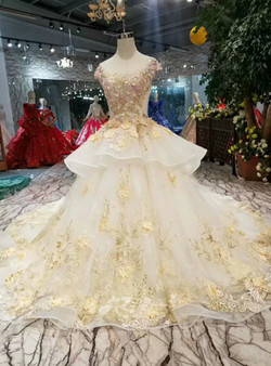 Shop 2019 Long & Short Champagne Ball Gown Tulle Cap Sleeve Embroidery Appliques Wedding Dress With Factory Price From Kemedress