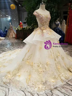 Shop 2019 Long & Short Champagne Ball Gown Tulle Cap Sleeve Embroidery Appliques Wedding Dress With Factory Price From Kemedress