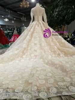 Shop 2019 Long & Short Champagne Ball Gown Lace Long Sleeve Beading Appliques Wedding Dress With Factory Price From Kemedress