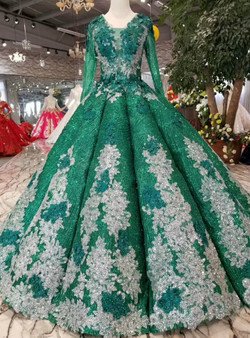 Shop 2019 Long & Short Green Ball Gown Sequins See Through V-neck Long Sleeve Appliques Wedding Dress With Factory Price From Kemedress
