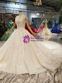 Shop 2019 Long & Short Champagne Ball Gown Sequins Tulle Cap Sleeve Backless Wedding Dress With Train With Factory Price From Kemedress