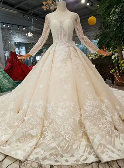 Shop 2019 Long & Short Champagne Ball Gown Tulle Long Sleeve Backless Appliques Wedding Dress With Removable Train With Factory Price From Kemedress