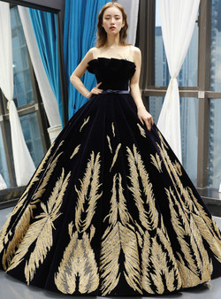 Shop 2019 Long & Short Black Ball Gown Velvet Gold Appliques Backless Long Haute Couture Prom Dresses With Factory Price From Kemedress