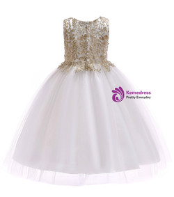 Shop 2019 Long & Short In Stock:Ship in 48 Hours White Tulle Gold Appliques Flower Girl Dress With Factory Price From Kemedress