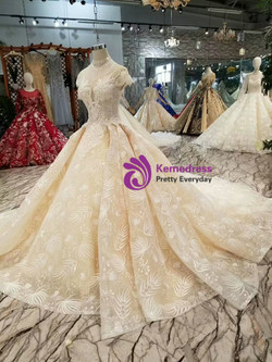 Shop 2019 Long & Short Champagne Ball Gown Lace High Neck Backless Wedding Dress With Train With Factory Price From Kemedress