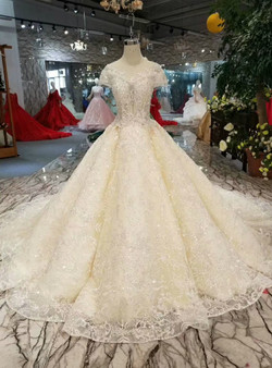 Shop 2019 Long & Short Champagne Ball Gown Tulle Sequins Cap Sleeve Backless Wedding Dress With Beading With Factory Price From Kemedress